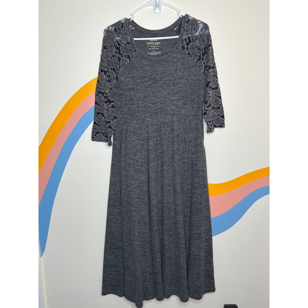 Torrid Super Soft Plush Lace Floral Sleeve Fit Flare Pocket Dress Grey‎ 0 L XL